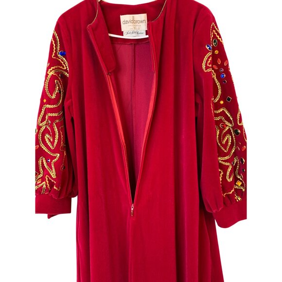 VTG 70s David Brown x Saks Fifth Avenue Red Maxi House Dress Medium Velour USA R - Picture 14 of 14